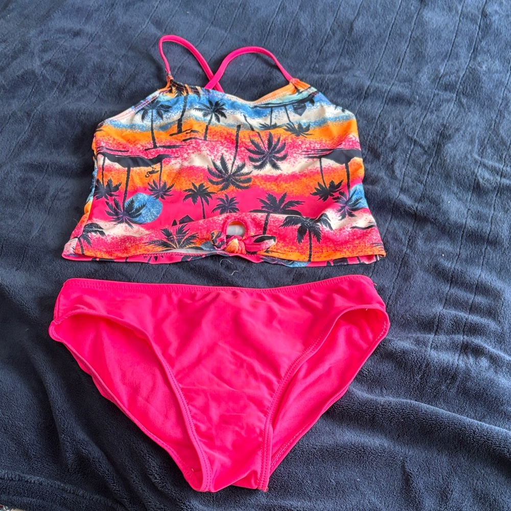 wonder nation Girls Hot Pink Tropical Tankini Set with Palm Print